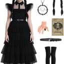 DIYLN Girls Black Dress for Halloween Costume Kids Family Party with Wig Necklace Socks Accessories