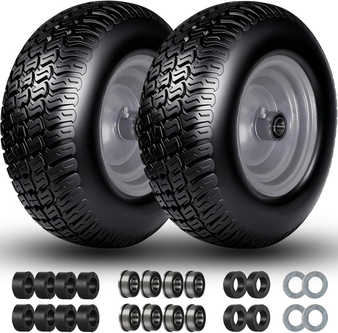 Flat Free 11x4.00-5" Tire and Wheel, 11x4-5" Lawn Mower Tires, Zero Turn Front Tires, with 3/4" & 5/8" & 1/2" Bearings, 3.4"-5.9" Centered Hub, 11x400-5 Solid Tires, 2 Pcs