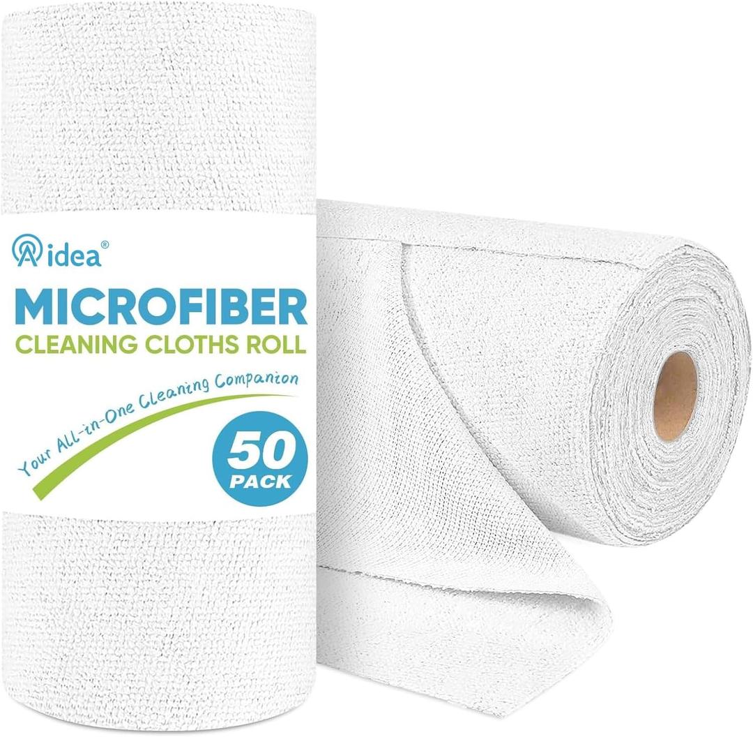 AIDEA Microfiber Cleaning Cloth Roll, White 50PK, Tear Away Reusable Paper Towels, Commercial Shop Rags, Microfiber Towels for Cars, Lint Free Rags for House, Kitchen, Automotive, 11.5"11.5"