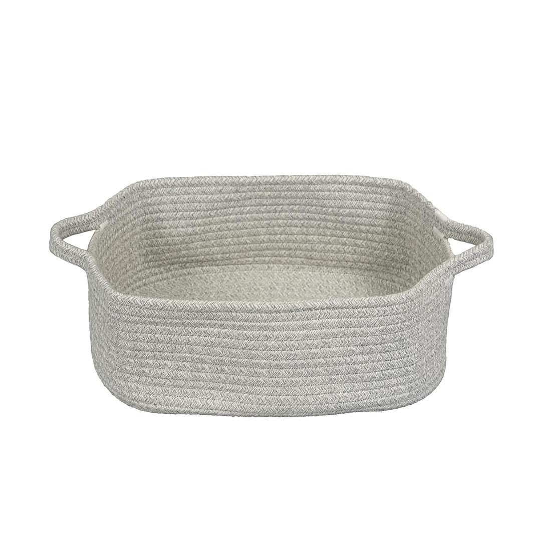 Woven Cotton Rope Storage Basket with Handles for Organizing Shelves Closet Small Cat Dog Pet Toy Baskets Box Bin Decorative Rectangle Baby Nursery basket Gift basket Empty (Light Grey)