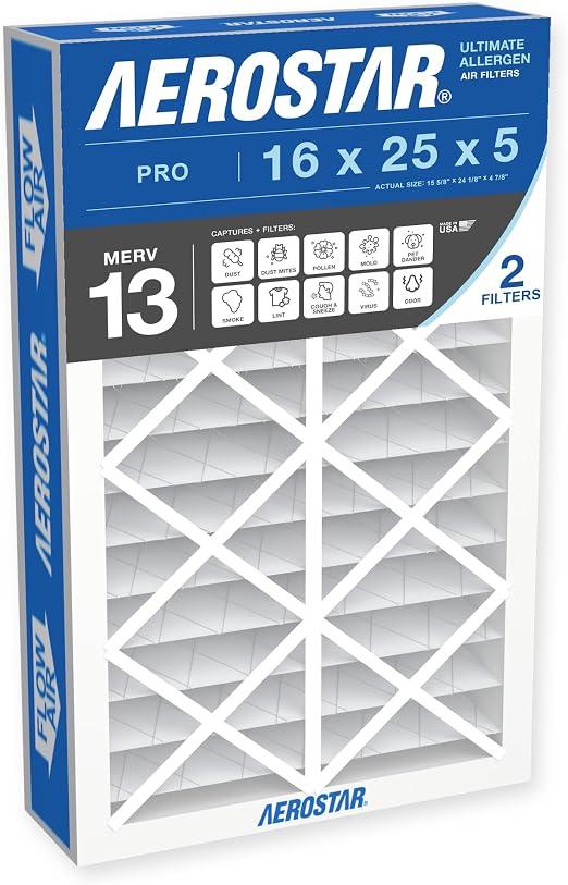 Aerostar 16x25x5 MERV 13 Air Filter, Pleated AC Furnace HVAC Filters (15.625x24.125x4.875), for Allergies Asthma Dust Pet Dander Pollen Smoke Bacteria, MPR 1200 FPR 7, USA, 2 Pack