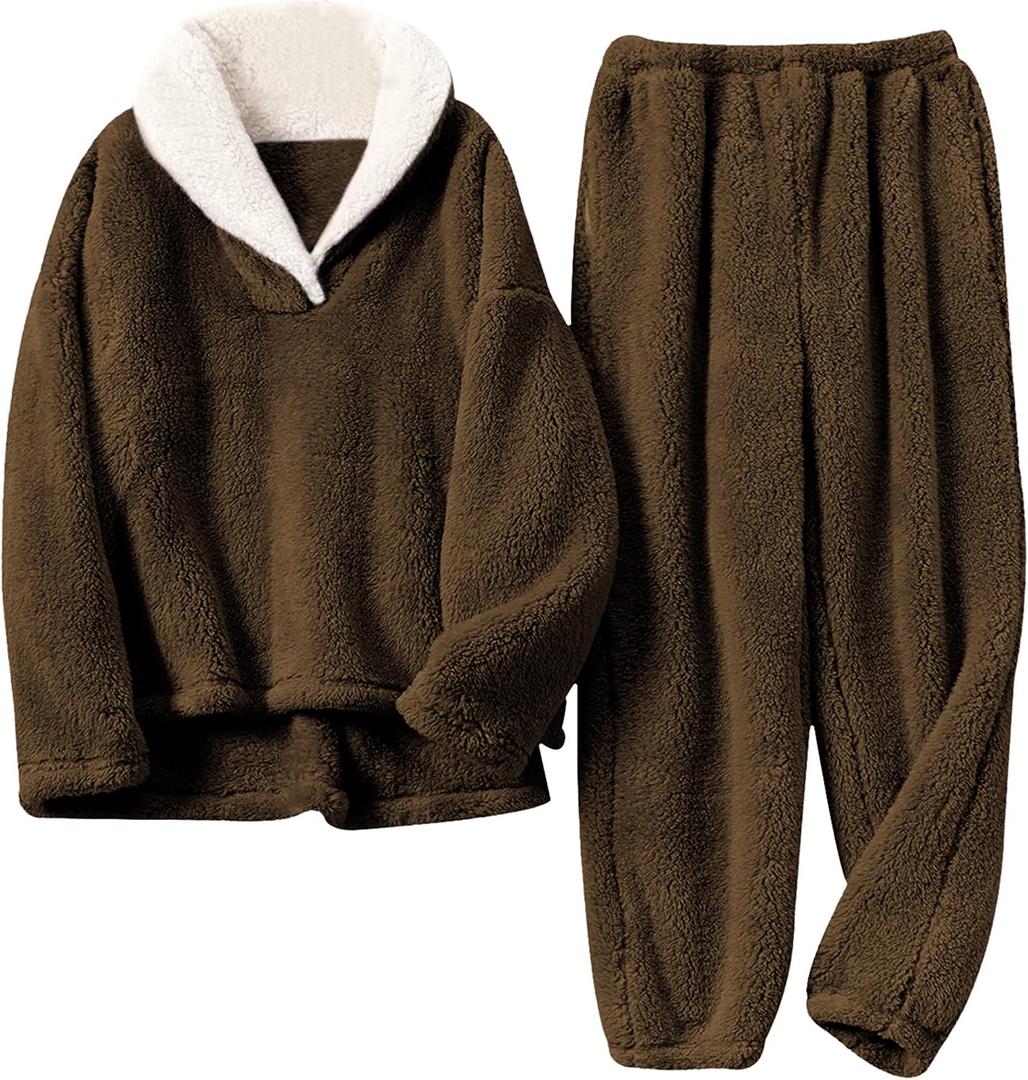 Tanming Womens Fluffy Pajamas Set Fleece Pullover Pants Plush Loungewear Sleepwear (Small, Brown)