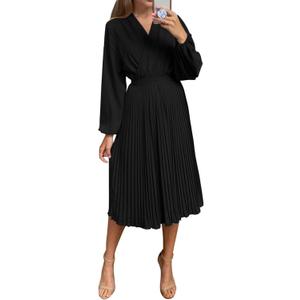 PRETTYGARDEN Women's Spring Midi Dress Long Puff Sleeve Wrap V Neck Flowy Ruffle Pleated Casual Fall Dresses (XX-Large, Black)
