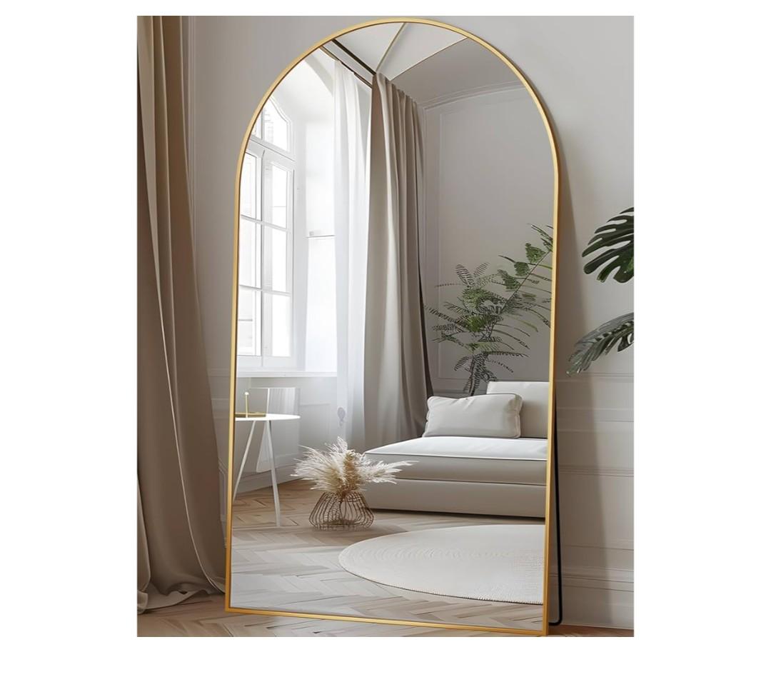 Full Length Mirror, Oversized Floor Mirror Freestanding, Full Body Floor Standing Mirror with Stand, Hanging Mounted for Bedroom Living Room, Gold, Arched Style