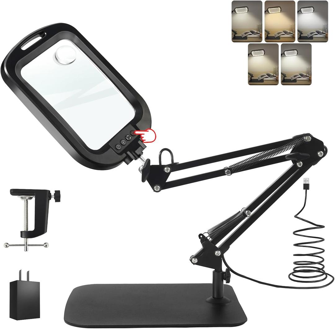 10X 30X Large Square Magnifying Glass with Light and Stand/Clamp, 60 LED Lighted Magnifier, Hands Free 360 Rotatable Desk Lamp for Close Work Reading Craft Hobby Painting Sewing