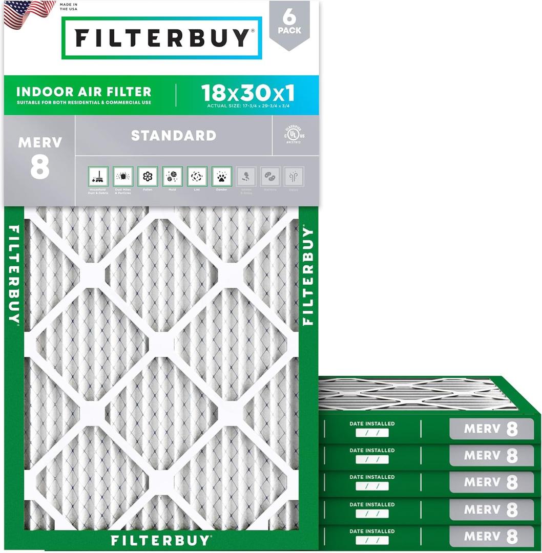 Filterbuy 18x30x1 Air Filter MERV 8 Essential Dust & Allergy Defense (6-Pack), Electrostatic Pleated HVAC AC Furnace Filters Replacement (Actual Size: 17.75 x 29.75 x 0.75)
