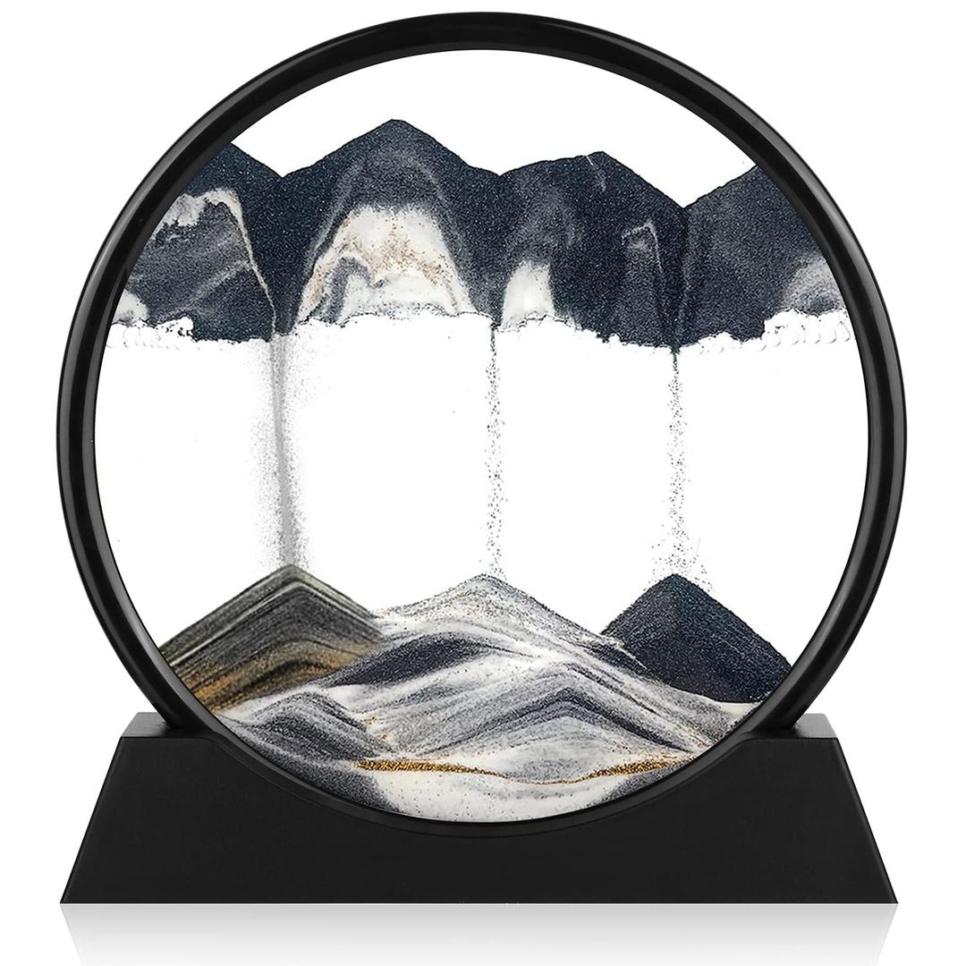 Herecanli Moving Sand Art Picture - 3D Quicksand Painting Decor - Round Glass 3D Deep Sea Sandscape - Relaxing Decoration for Home,Office,Desk,Mantle,Bookshelf,Room- (Black, 7 in)