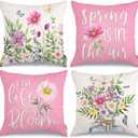 GEEORY Spring Pillow Covers 20x20 Inch Set of 4, Floral Mason Jar Pink Spring is in The Air Live Life in Full Bloom Farmhouse Decorative Throw Pillowcases for Home Sofa Couch Decoration G521-20