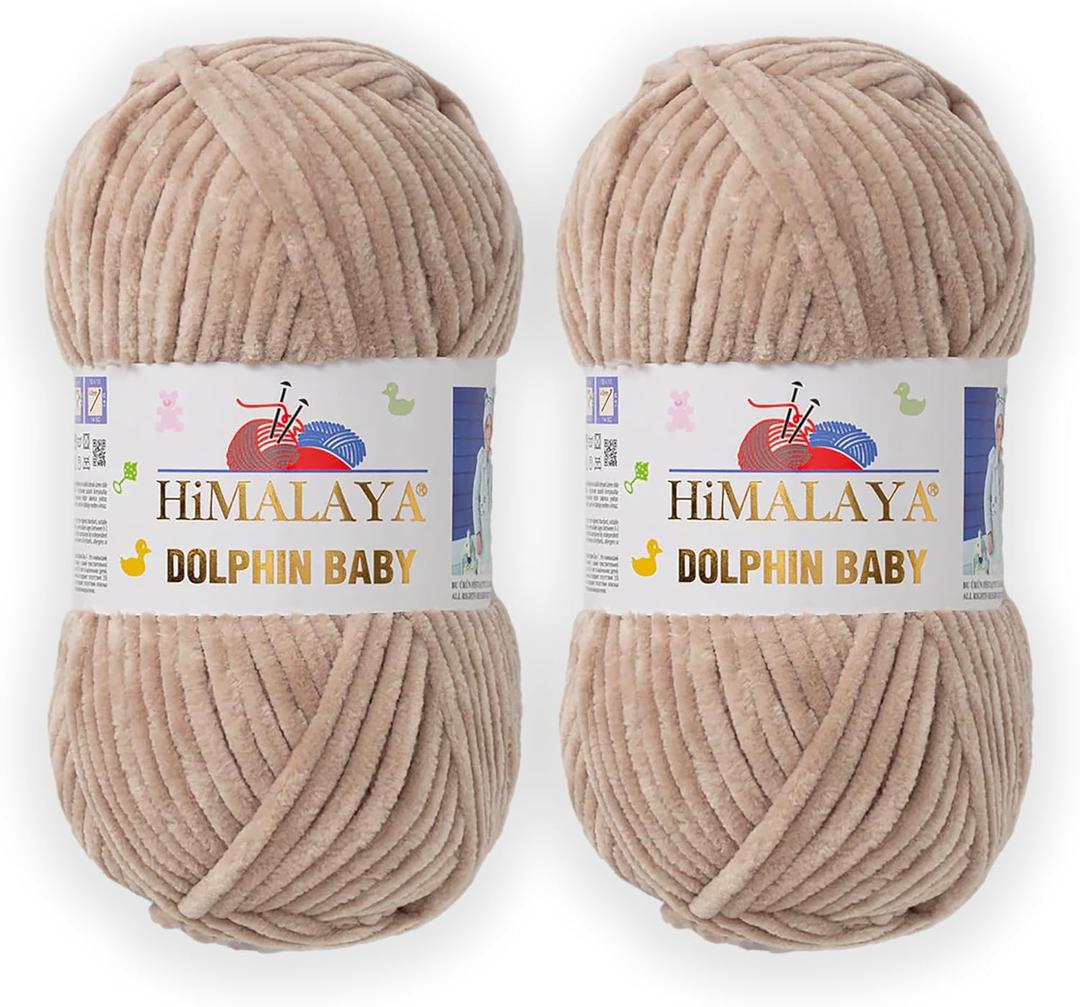 2 Skein/Pack Himalaya Dolphin Baby Chenille Yarn, Each Ball 100 gr (3.5 oz), 120 m (132 Yards), 100% Polyester, Super Bulky Baby Blanket Velvet Amigurumi Yarn, 80317 - Beige