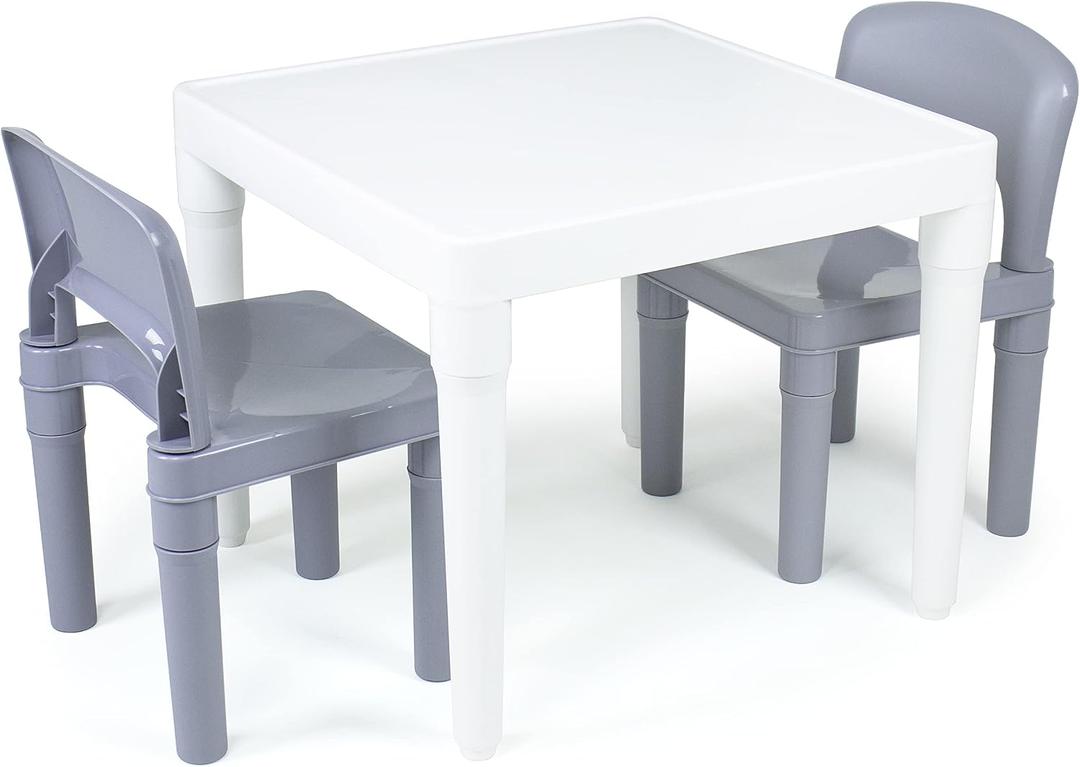 Humble Crew Kids Plastic Table and Chair Set, Toddler Activity Table with 2 Chairs, Lightweight Easy-Clean Kids Desk for Play, Snacks & Crafts, Indoor Outdoor Playroom Furniture, White/Grey