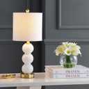 JONATHAN Y 21" White/Brass Gold Glass Table Lamp for Bedroom and Living Room, White Linen Shade, Modern Stacked Sphere Bedside Lamp, LED Bulb Included JYL1021A