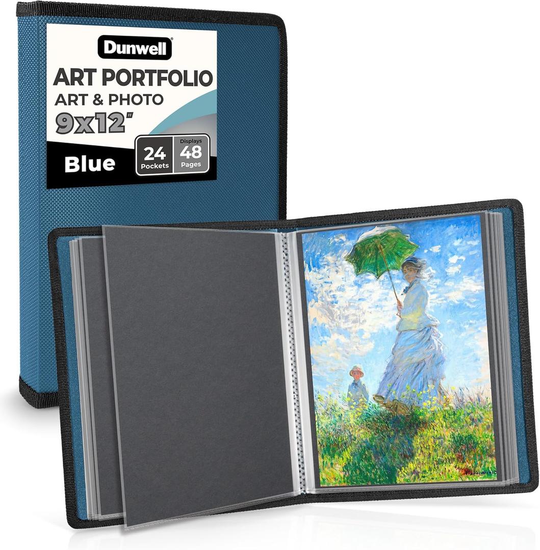 Dunwell Art Portfolio 9x12 Folder (Blue), Black Mounting Paper, Portfolio Binder for Artwork, 9 x 12 Art Folder, 24 Pockets Display 48 Pages, Acid-Free Poly Presentation Book