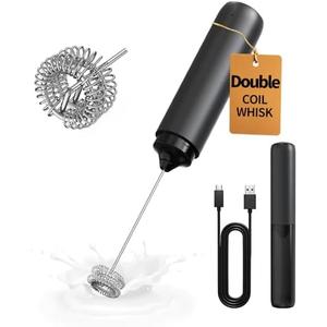 CIRCLE JOY Rechargeable Milk Frother Hanheld, Dual Coil Whisk Head Electric Coffee Frother, Portable Hand Frother Wand Drink Mixer for Matcha Lattes Cappuccino, Kitchen Gifts, Black