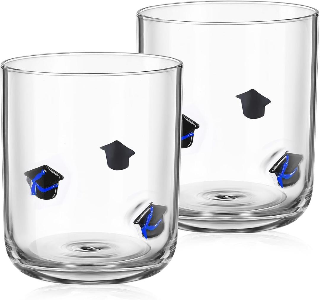 Maxdot 2 Pcs Graduation Icon Juice Glasses Stemless 14oz Congrats Grad Cap Double Icon Cocktail Glass for Class of 2025 Party Favors Supplies(Blue)