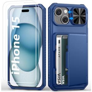 BXYJY for iPhone 15 Wallet Case with Screen Protector (Tempered Glass), Card Holder (4-5 Cards), Slide Camera Cover, Military Grade Drop Protection, Men Women Hard Case for iPhone 15, Blue