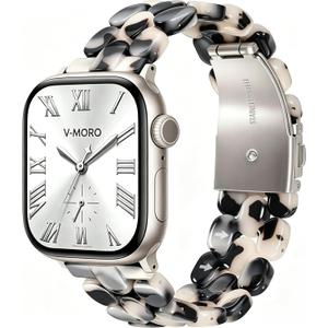 V-MORO Resin Band Compatible with Apple Watch 46mm/45mm/44mm/42mm Women Fashion Dressy Strap Bracelet lightweight Cute Wristband for iWatch Bands Series 11 10 9 8 7 6 5 4 3 2 1 SE2/3(Black Floral) (Tortoise Stone Flower)
