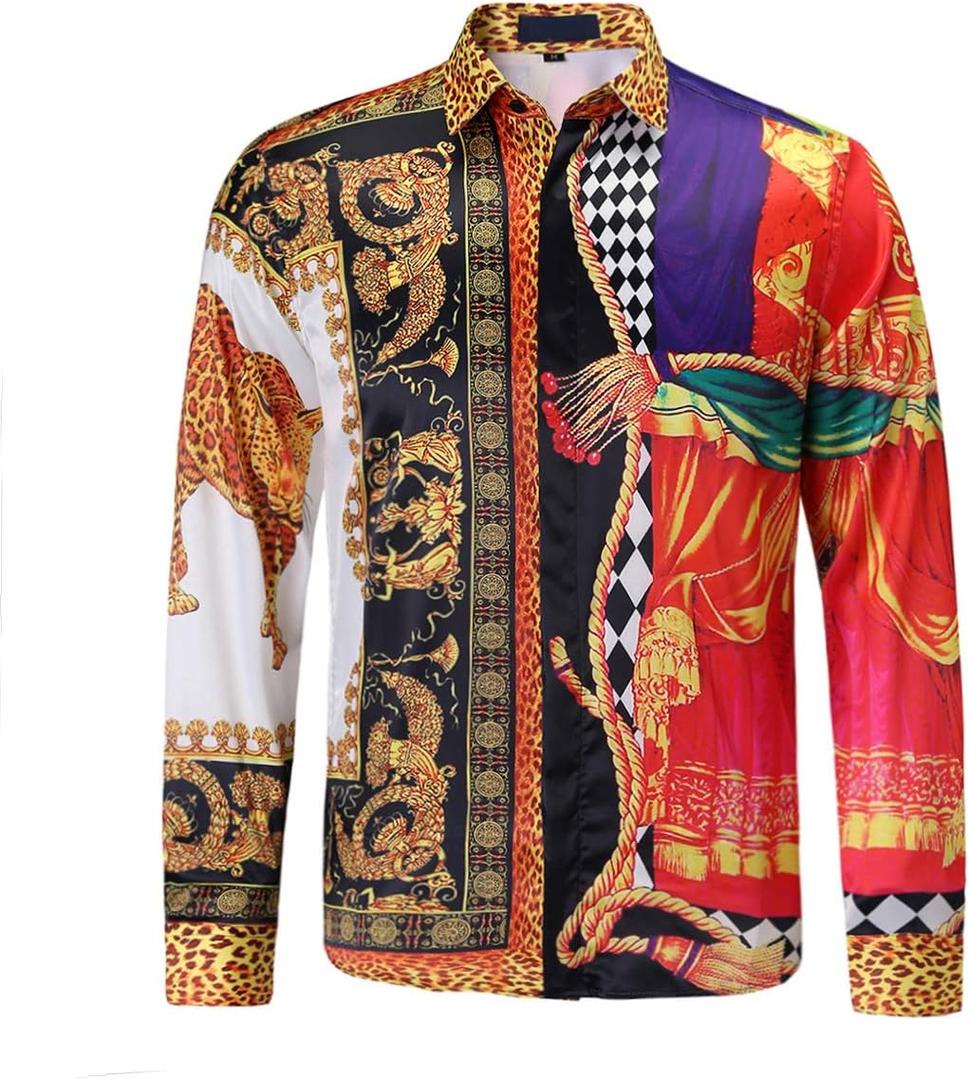 Mens Luxury Print Dress Shirt Long Sleeve Button-Down Shirt | Mens Western Print Silk Paisley Long Sleeve Button Down Dress Shirt Designer Mexico Cowboy Baroque Luxury Party Casual ShirtsX-Large, Black Red