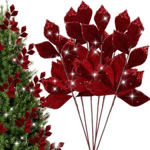 6 Pcs Christmas Artificial Velvet Glitter Magnolia Leaf Glittered Spray Picks 20" Fake Floral Leaf Branches Xmas Decoration for Christmas Tree DIY Crafts Gift Home Garden Decor(Burgundy)