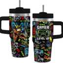 Hiboss Gamer Gifts for Boys, 14 oz Gamer Tumbler with Handle for Kids, Gaming Tumbler Presents for Him, Insulated Stainless Steel Gaming Mug Cup, Birthday Gifts for Gamers Teen Boys Men Son