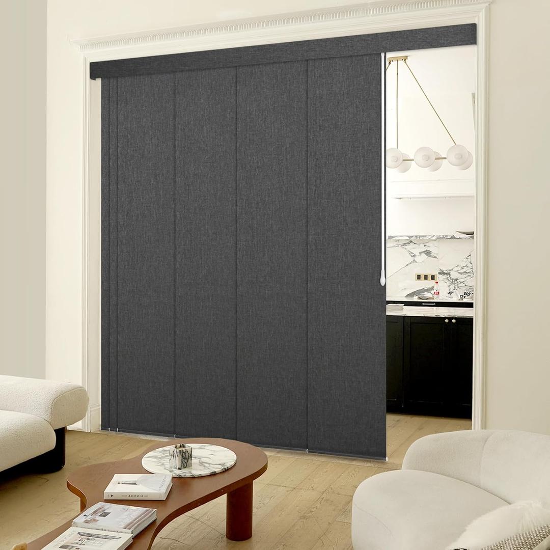 Adjustable Panel Track Blinds Blackout Vertical Blinds with Valance, Sliding Glass Door Blinds, Room Dividers, Retractable Track from 74" to 133" W, Trimmable Panel Up to 102" H (Dark Grey)