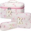 Initial Makeup Bag Set, Personalized Quilted Makeup Bag, Large Floral Cosmetic Bag for Women, Cute Cotton Custom Make up Bags, Flower Travel Toiletry Bag Teen Girl Gift Pink Butterfly K