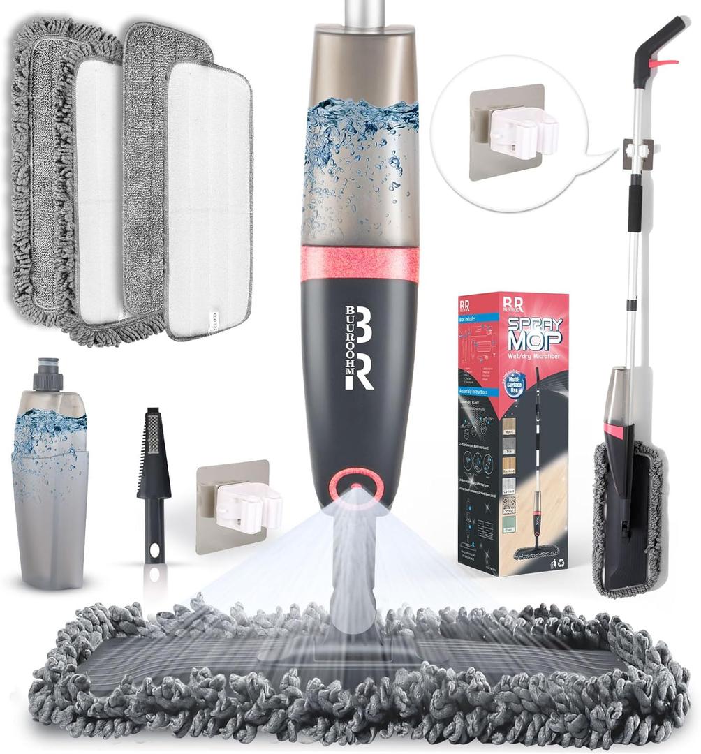 Microfiber Spray Mop for Floors Dry and Wet Mop with Dusting 360 Rotation for Kitchen, Hardwood, Laminate, Tile Floors Includes 4 Refill Heads, Scraper, Holder & Spray Bottle (Grey Pink)