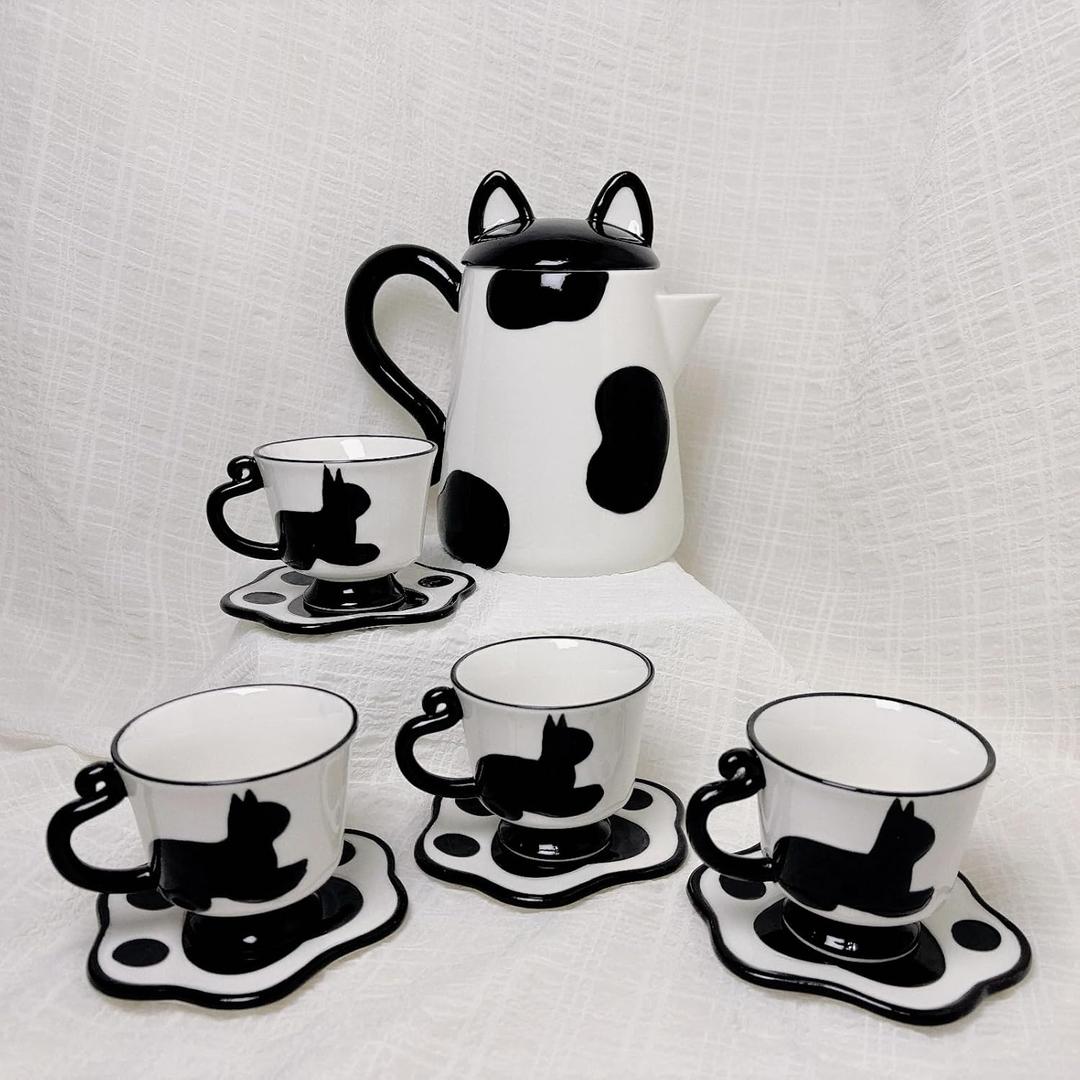Ceramic Cat Tea Set,Cute Cat Paw Tea Mugs And Saucers Set Of 4,Perfect Cat Themed Gifts,Lovely Cat Decor,Tea Sets for Adults,Excellent Gift Idea For Cat Lovers (Black, 4)