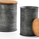 Glitzhome Rustic End Table Set of 2, Farmhouse Galvanized Metal Barrel Ottoman Storage Stool with Round Wood Lid for Living Room Furniture, Grey