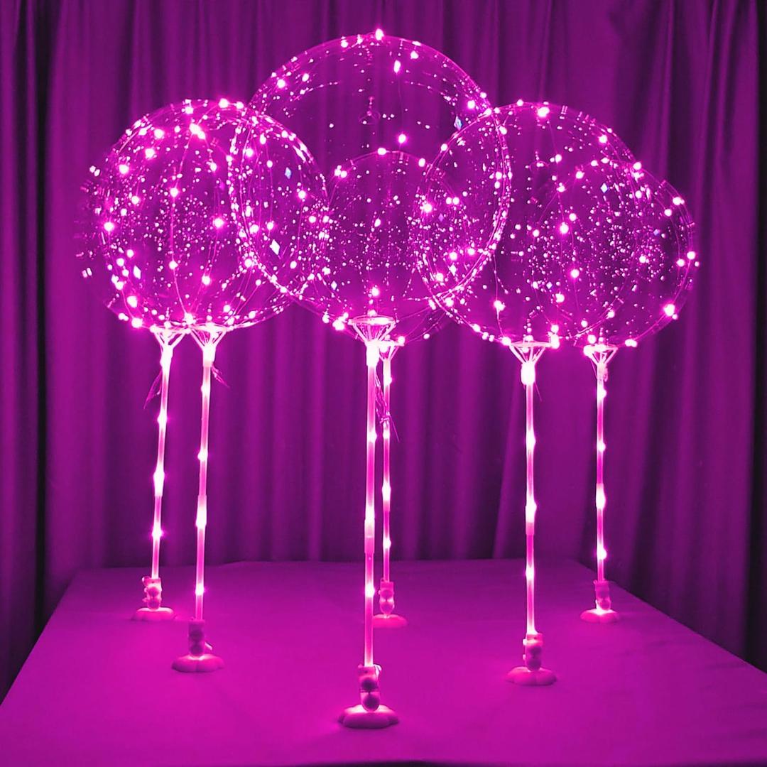 Lightsfever Led balloons with sticks and stands and batteries 6pack pink