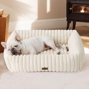 Bedsure ComfyFleece Cute Dog Bed Medium Size Dog - Washable Furry Puppy Beds, Rectangle Orthopedic Corduroy Fleece Pet Beds with Removable Zipper Cover, 30x24x8inches, Cream