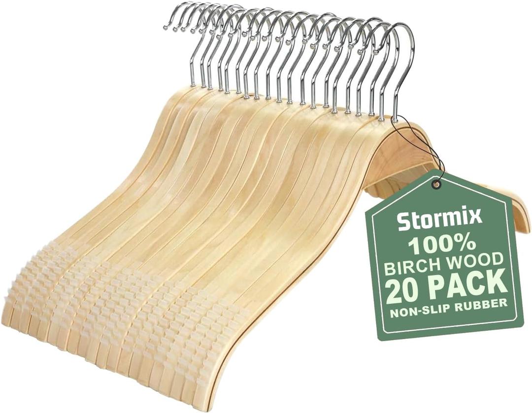 Stormix 20 Pack Wood Clothes Hangers, Slim Coat Hanger with Non-Slip Rubber Grips, Saving Space Hangers for Shirt Sweater Camisole Jacket Dress Coat