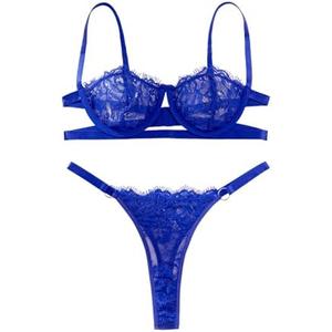 Lilosy Sexy Eyelash Underwire Floral Lace Sheer O Ring Linked Cutout Lingerie Set M