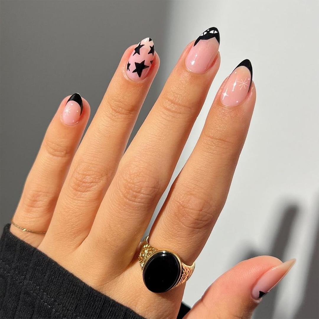 Short Almond Press on Nails Black French Tip Fake Nails Cute False Nails Press ons with Star Cat Designs Reusable Acrylic Nails Full Cover Artificial Stick on Nails for Women Manicure 24Pcs