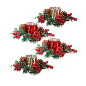Set of 8 Christmas Candle Rings Wreaths Pine Cones Garland Red Berry Poinsettia Pine Garland Candle Ring Holder for Christmas Wedding Home Table Centerpiece Party