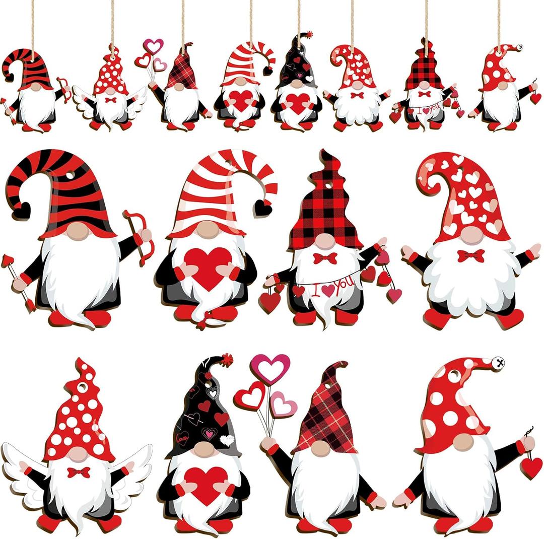 Blulu 40 Pcs Valentine Day Gnome Ornament Wooden Hanging Valentine Decoration Red, Whimsical, Love Theme Includes 40 Ropes for Valentine's Day Birthday Love Tree Wedding