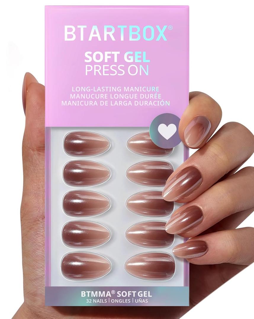 BTArtbox Press On Nails Almond - Molten Chrome, Ombre Brown Short Press On Nails with Glue and Adhesive Tabs for Women, Soft Gel Glue On Nails in 16 Sizes - 32 Stick On Nails Kit