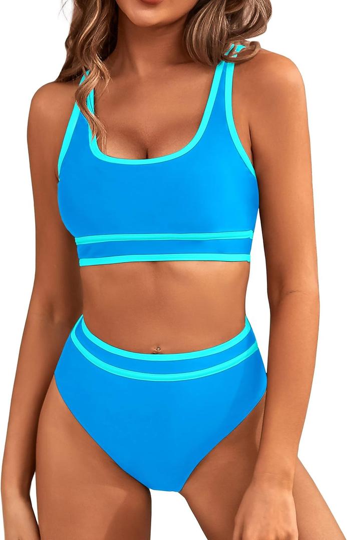 BMJL Women's High Waisted Bikini Sets Sporty Two Piece Swimsuits Color Block Cheeky High Cut Bathing Suits (Large, Blue)