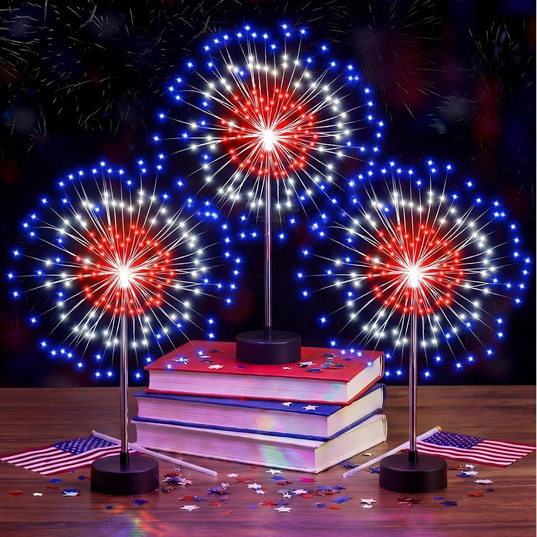 Tujoe 3 Pack 4th of July Patriotic Firework and Flower Centerpiece Lights 120 LED Red White Blue Banquet 250th Anniversary LED Firework Lamp for Independence Day Table Decoration(3 Pcs,Red White Blue)