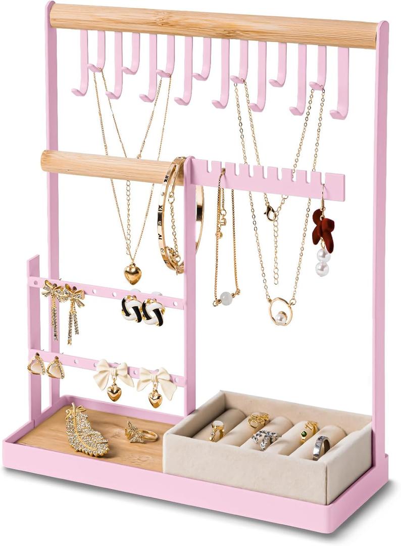DreamGenius Jewelry Organizer Stand with Velvet Ring Holder, 4 Tier Jewelry Holder Organizer with 15 Hooks for Necklaces and 16 Holes for Earrings, Pink (Medium)