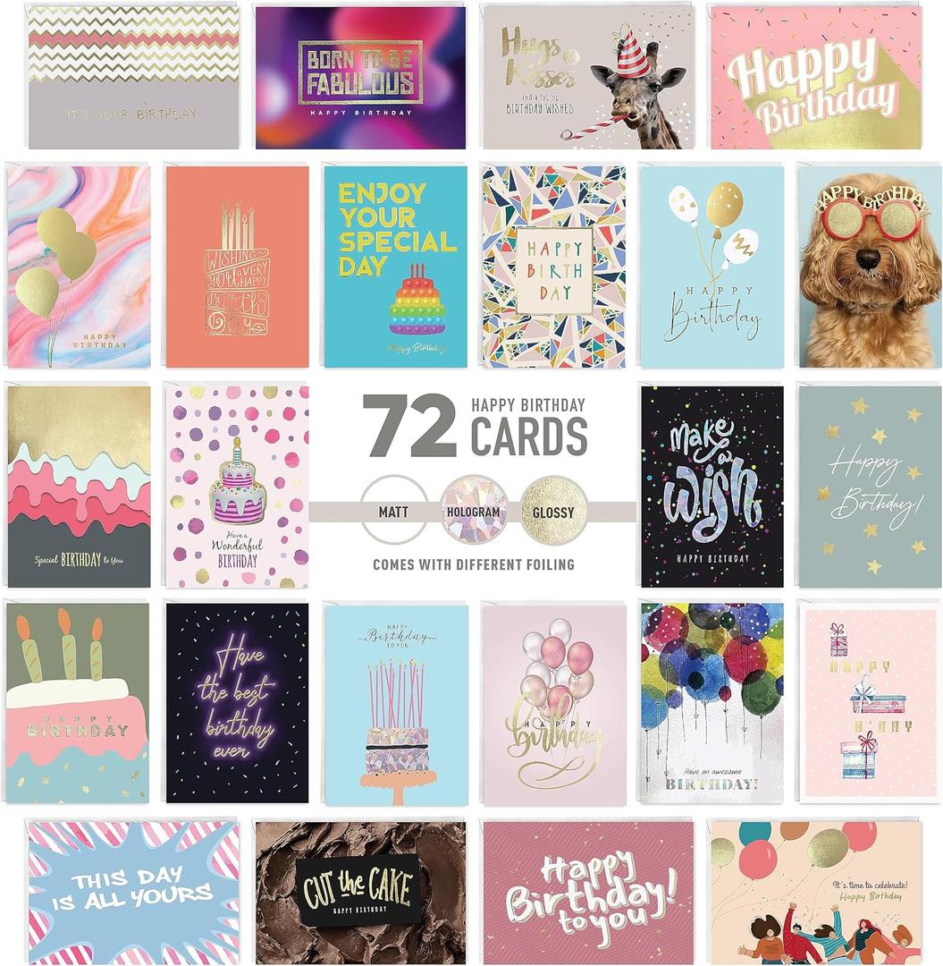 easykart labels 72 Birthday Cards Assortment with Greetings Inside. For Businesses and Individuals, 4 x 5.5 Inch Assorted Foiling Cards with Envelope with Sealing Stickers