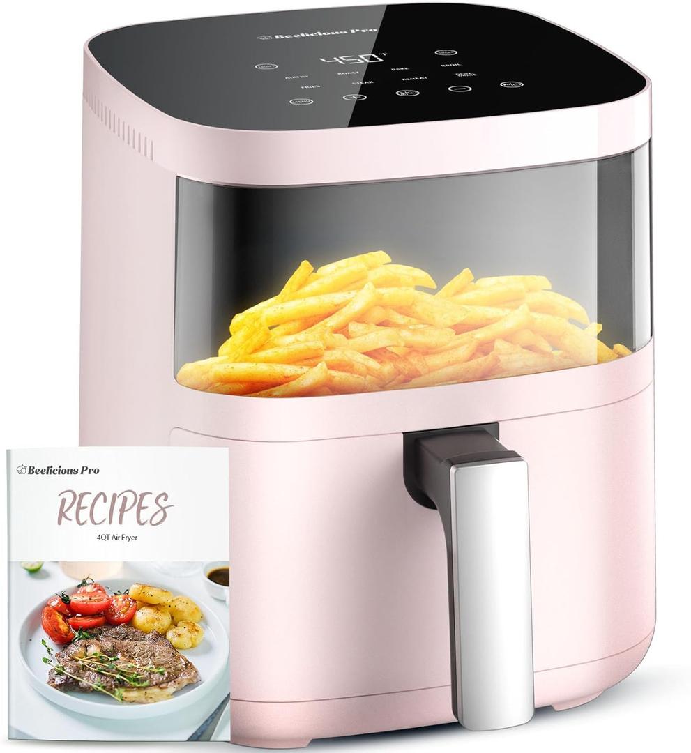 Air Fryer, Beelicious 8-In-One Smart Compact 4QT Air Fryers, with Viewing Window, Shake Reminder, 450F Digital Airfryer with Flavor-Lock Tech, Dishwasher-Safe & Nonstick,Fit for 1-3 People, Pink