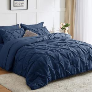 CozyLux Full Size Comforter Sets Navy Blue, 7 Pieces Pintuck Bed in A Bag Blue Comforter Full Size, Pinch Pleat Bedding Sets with All Season Comforter, Flat Sheet, Fitted Sheet, Pillowcases & Shams