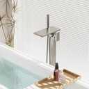 Hoimpro Floor Mount Bathtub Faucet Freestanding Waterfall Tub Filler, Brushed Nickel Single Handle High Flow Shower Faucets Mixer Bathroom Tub Faucets with 2 Function Hand Shower Wand