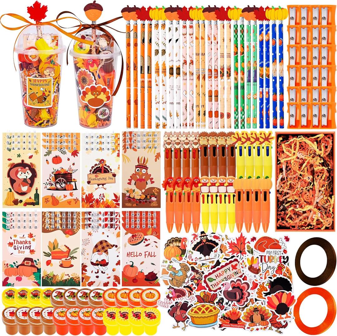 LiYiQ 247 Pcs Thanksgiving Party Favors Return Gifts for Party, Student Stationery Gifts from Teacher, Pencil Erasers Notebooks Stickers for Classroom Birthday Goodie Bags Rewards Prizes