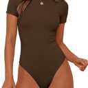 PRETTYGARDEN Body Suits for Womens Summer Tops 2026 Casual Short Sleeve Ribbed Fitted Basic Tee Shirts Spring Fashion Clothes (Brown,Large)
