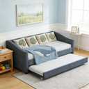 Upholstered Daybed with Trundle, Twin Size Day Bed w/Button-Tufted Back and Piping on Waved-Shape Arms for Bedroom or Guest Room, No Box Spring Required, Dark Gray