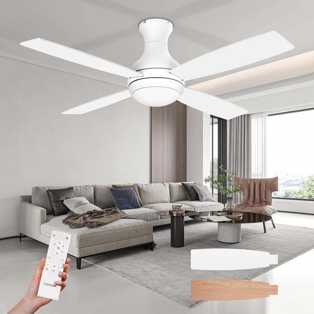 Consciot Ceiling Fan With Lights, 52 Inch Modern Low Profile Ceiling Fan, Remote Control, Quiet Reversible DC Motor, Dimmable 3 Color, 4 Double Finish Blades, Flush Mount, Indoor Only, White