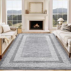 GarveeHome 8x10 Large Washable Area Rug Modern Bordered Rug Distressed Geometric Floor Carpet, Soft Non Slip Rug, Low Pile Non Shedding Rug, Indoor Gray Rug for Bedroom, Living Room