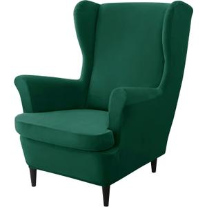 CONRUSER Stretch Wingback Chair Covers, 2 Piece Wing Chair Slipcovers Soft Velvet Armchair Covers with Elastic Bottom for Living Room Bedroom (Green)