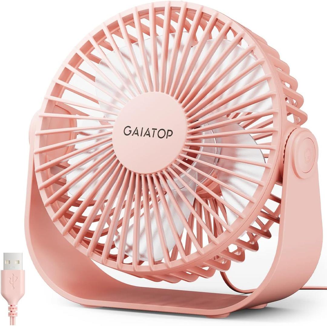 Gaiatop USB Desk Fan, 3 Speeds Strong Airflow, 5.5 Inch Portable 90 Rotate Quiet Cooling, Small Personal Table Fans for Bedroom Home Office, Travel Pink